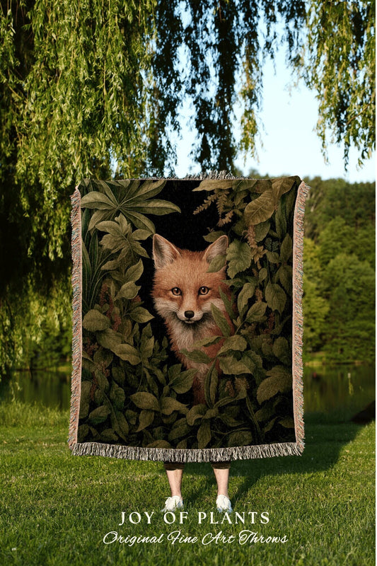 Woodland Fox Blanket Woven | Cottagecore William Morris inspired Nature Throw Green Rustic Maximalist Decor Boho Fox Tapestry