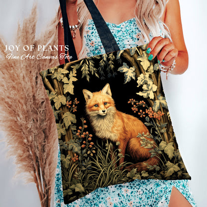 Rustic Fox Tote Bag Botanical | Boho Cottagecore Accessory William Morris Inspired Handbag Fox Satchel Fairycore Fairy Aesthetic Art |