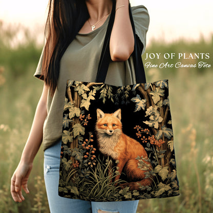 Rustic Fox Tote Bag Botanical | Boho Cottagecore Accessory William Morris Inspired Handbag Fox Satchel Fairycore Fairy Aesthetic Art |