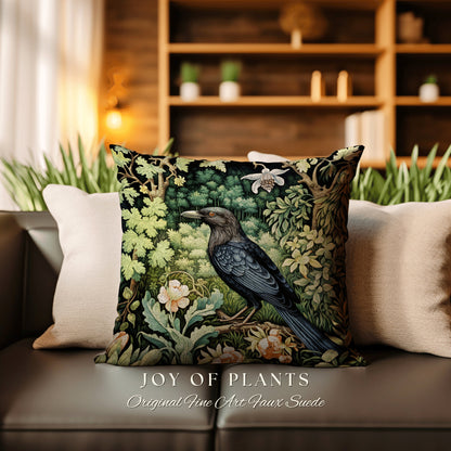 Crowcore Woven Throw Pillow | Morris Inspired Pillow Woodland Forestcore Decor Pillow Maximalist Home Decor Crowcore Pillow Dark Botanical |