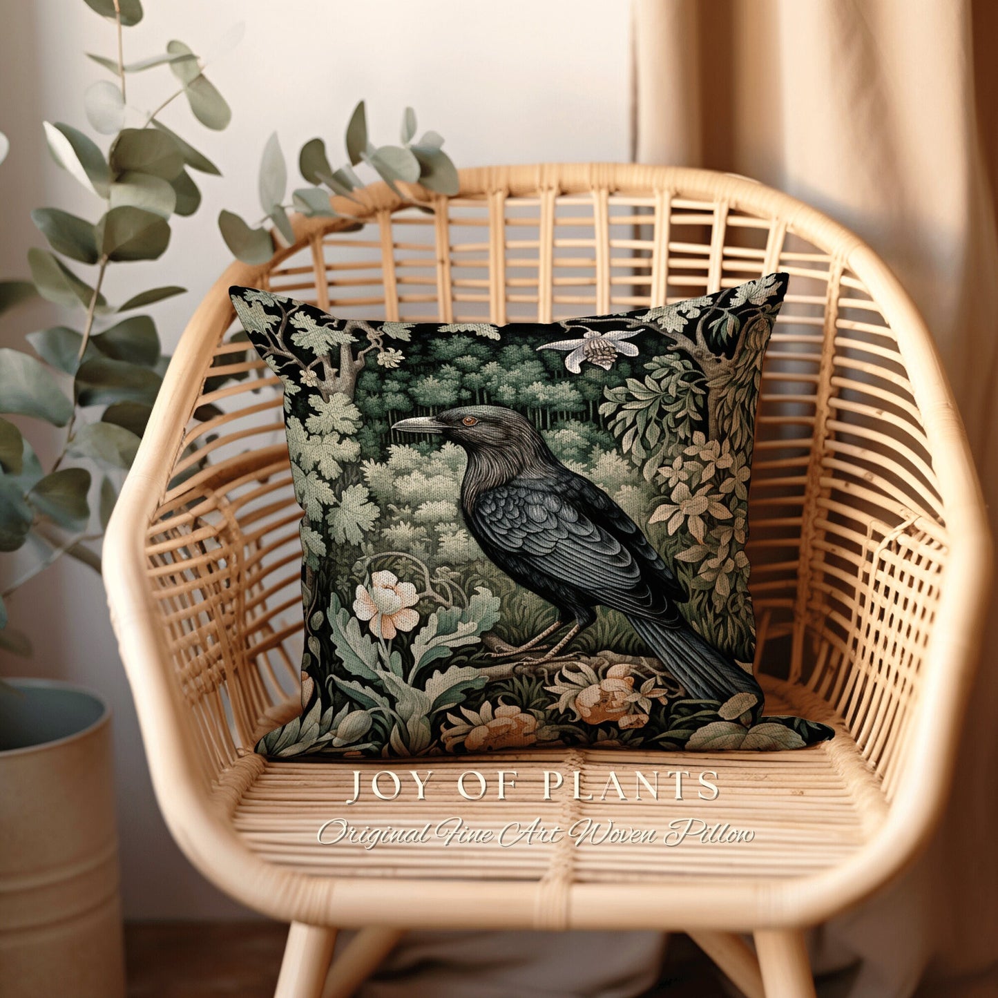 Crowcore Woven Throw Pillow | Morris Inspired Pillow Woodland Forestcore Decor Pillow Maximalist Home Decor Crowcore Pillow Dark Botanical |