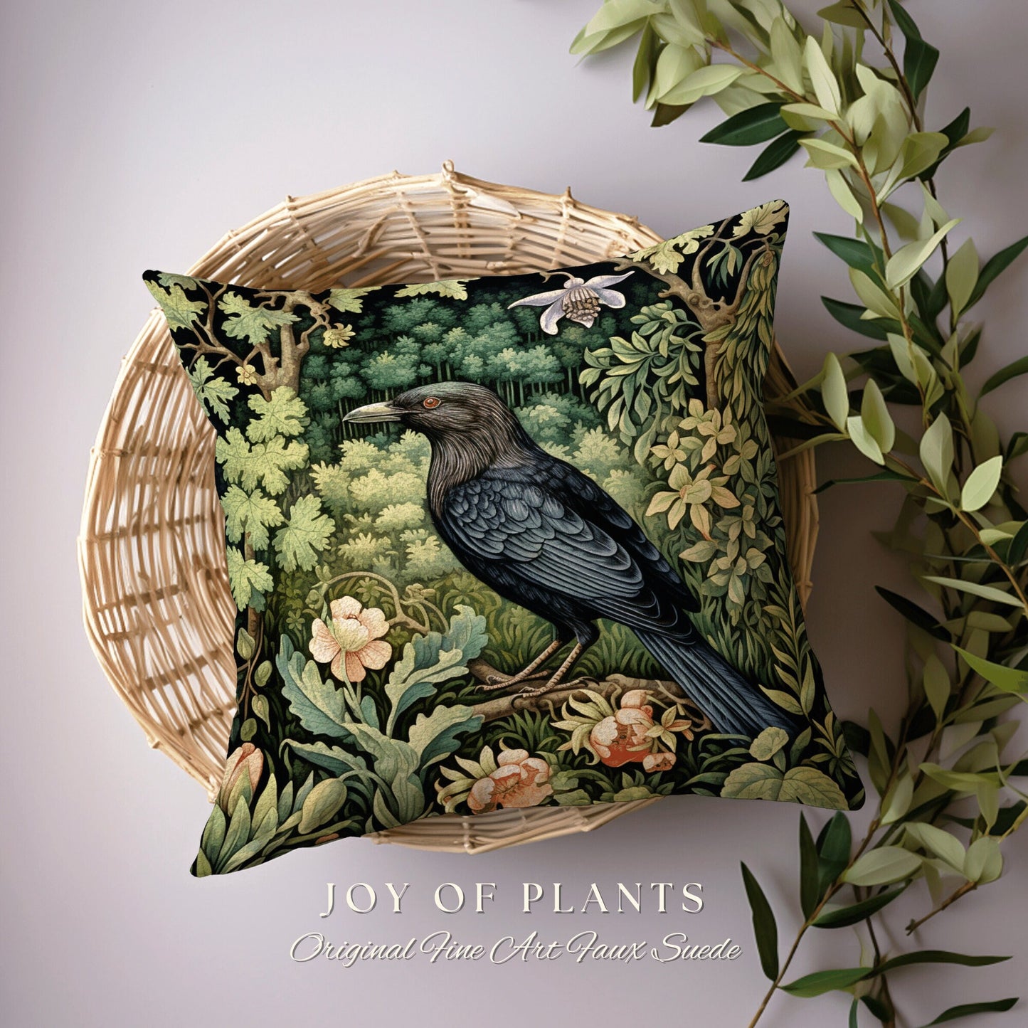 Crowcore Woven Throw Pillow | Morris Inspired Pillow Woodland Forestcore Decor Pillow Maximalist Home Decor Crowcore Pillow Dark Botanical |