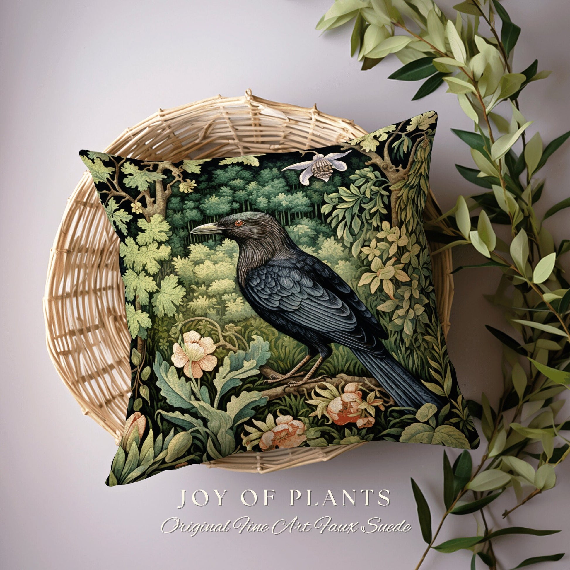 Crowcore Woven Throw Pillow | Morris Inspired Pillow Woodland Forestcore Decor Pillow Maximalist Home Decor Crowcore Pillow Dark Botanical |