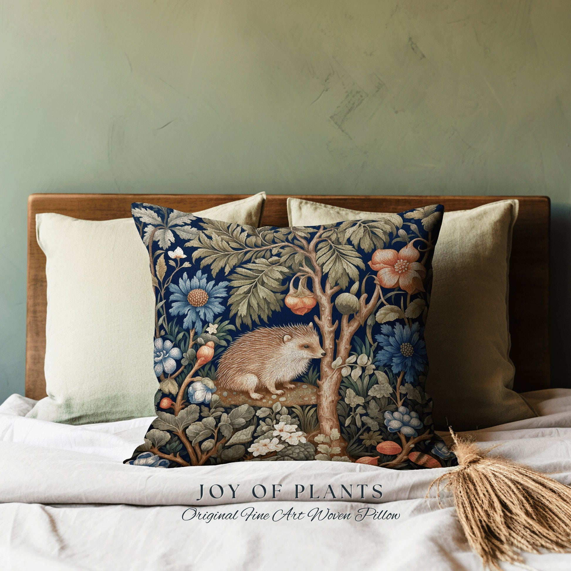 Hedgehog Throw Pillow | William Morris Inspired Pillow Woodland Cottagecore Decor Pillow Maximalist Home Decor Custom Morris Style Hedgehog