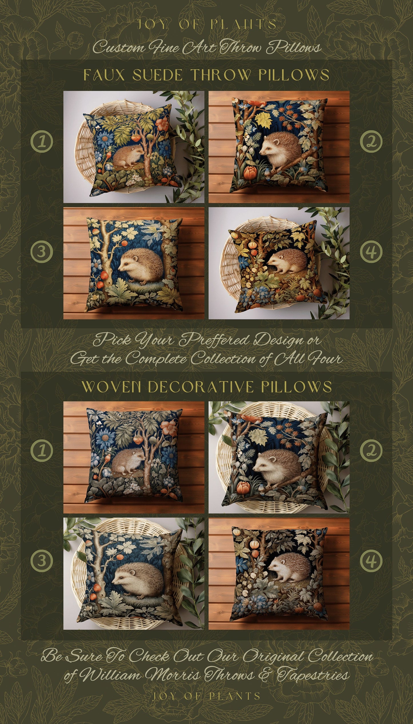 Hedgehog Throw Pillow | William Morris Inspired Pillow Woodland Cottagecore Decor Pillow Maximalist Home Decor Custom Morris Style Hedgehog