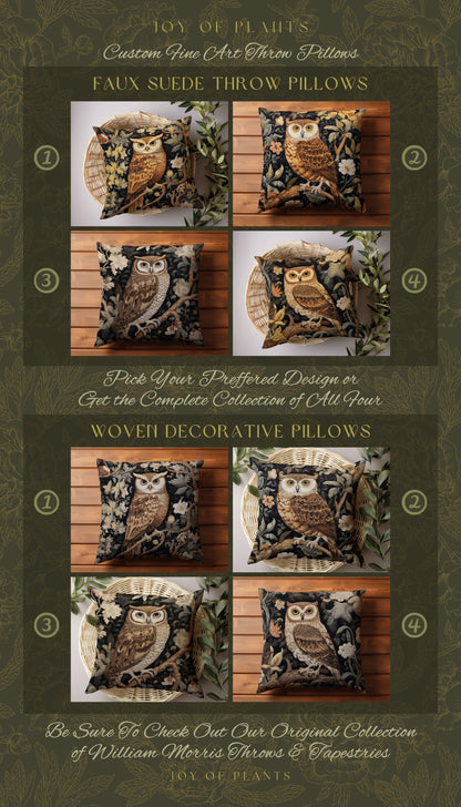 Morris Owl Woven Throw Pillow | William Morris Inspired Throw Pillow Woodland Forestcore Decor Pillow Maximalist Home Decor Throw Pillow Owl