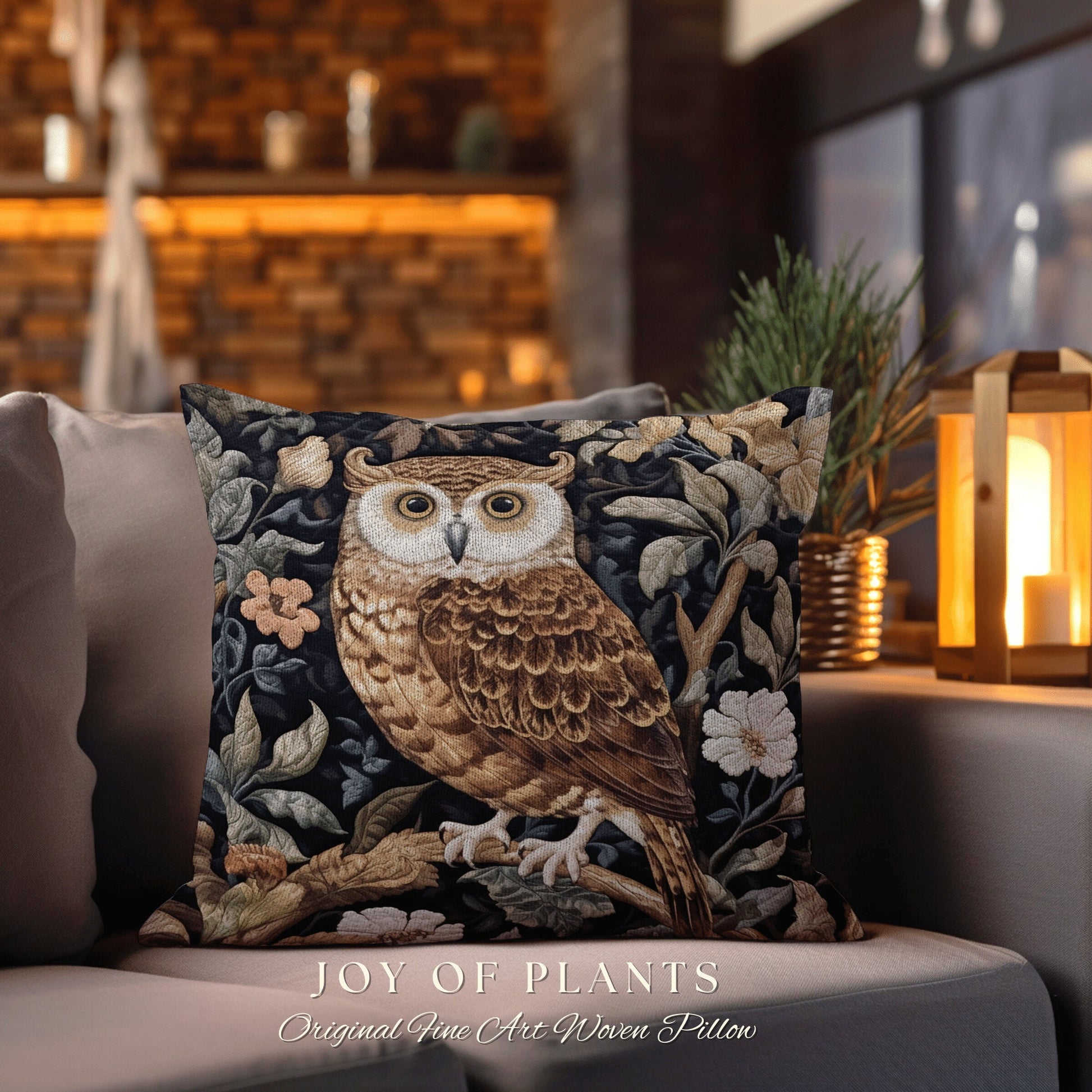 Owl Throw Pillow Woven | William Morris Inspired Pillow Woodland Forestcore Decor Pillow Maximalist Home Decor Throw Pillow Owl Botanical |