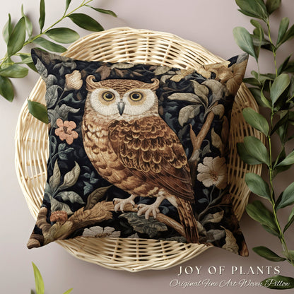 Owl Throw Pillow Woven | William Morris Inspired Pillow Woodland Forestcore Decor Pillow Maximalist Home Decor Throw Pillow Owl Botanical |