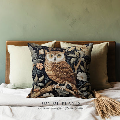 Owl Throw Pillow Woven | William Morris Inspired Pillow Woodland Forestcore Decor Pillow Maximalist Home Decor Throw Pillow Owl Botanical |