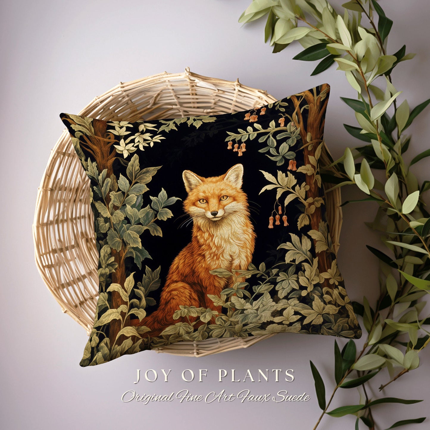 Forestcore Fox Pillow Woven | William Morris Inspired Pillow Woodland Forestcore Decor Pillow Maximalist Home Decor Throw Pillow Botanical |