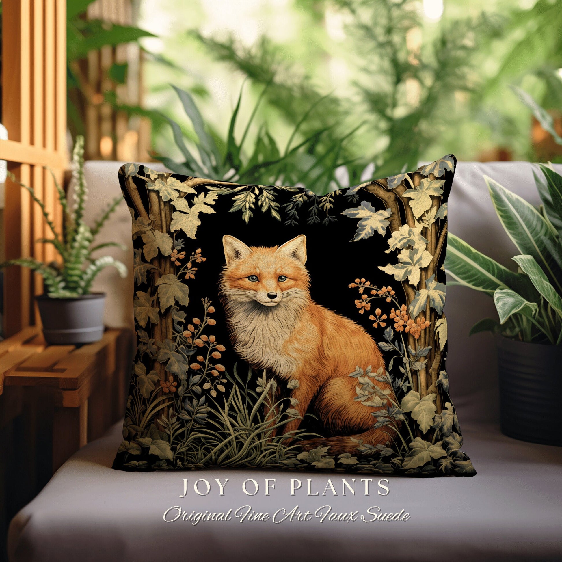 Dark Woodland Fox Pillow Woven | William Morris Inspired Pillow Woodland Decor Pillow Maximalist Home Decor Throw Pillow Botanical Throw |