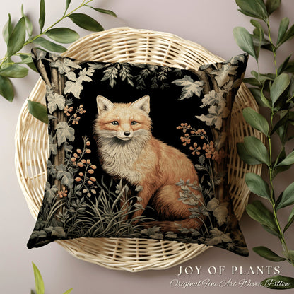 Dark Woodland Fox Pillow Woven | William Morris Inspired Pillow Woodland Decor Pillow Maximalist Home Decor Throw Pillow Botanical Throw |