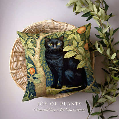 Black Cat Throw Pillow Woven | Botanical William Morris Inspired Pillow Cottagecore Decor Pillow Home Decor Throw Pillow Black Cat Decor |