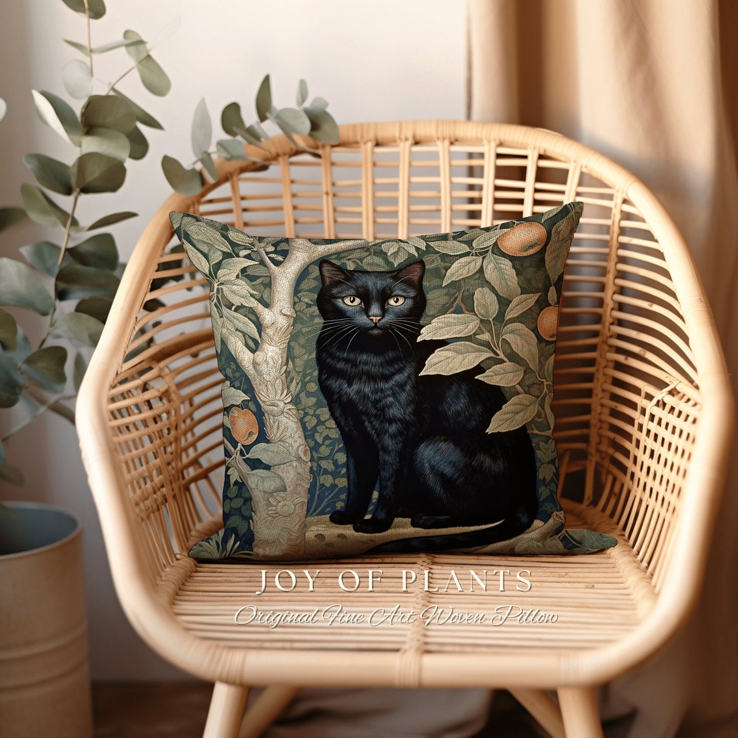 Black Cat Throw Pillow Woven | Botanical William Morris Inspired Pillow Cottagecore Decor Pillow Home Decor Throw Pillow Black Cat Decor |