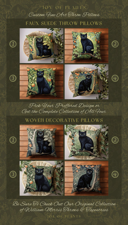 Black Cat Throw Pillow Woven | Botanical William Morris Inspired Pillow Cottagecore Decor Pillow Home Decor Throw Pillow Black Cat Decor |