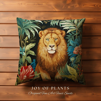 Lion Pillow Woven Jungle Decor | William Morris Inspired Pillow Woodland Decor Pillow Maximalist Decor Throw Pillow Botanical Lion Pillow |