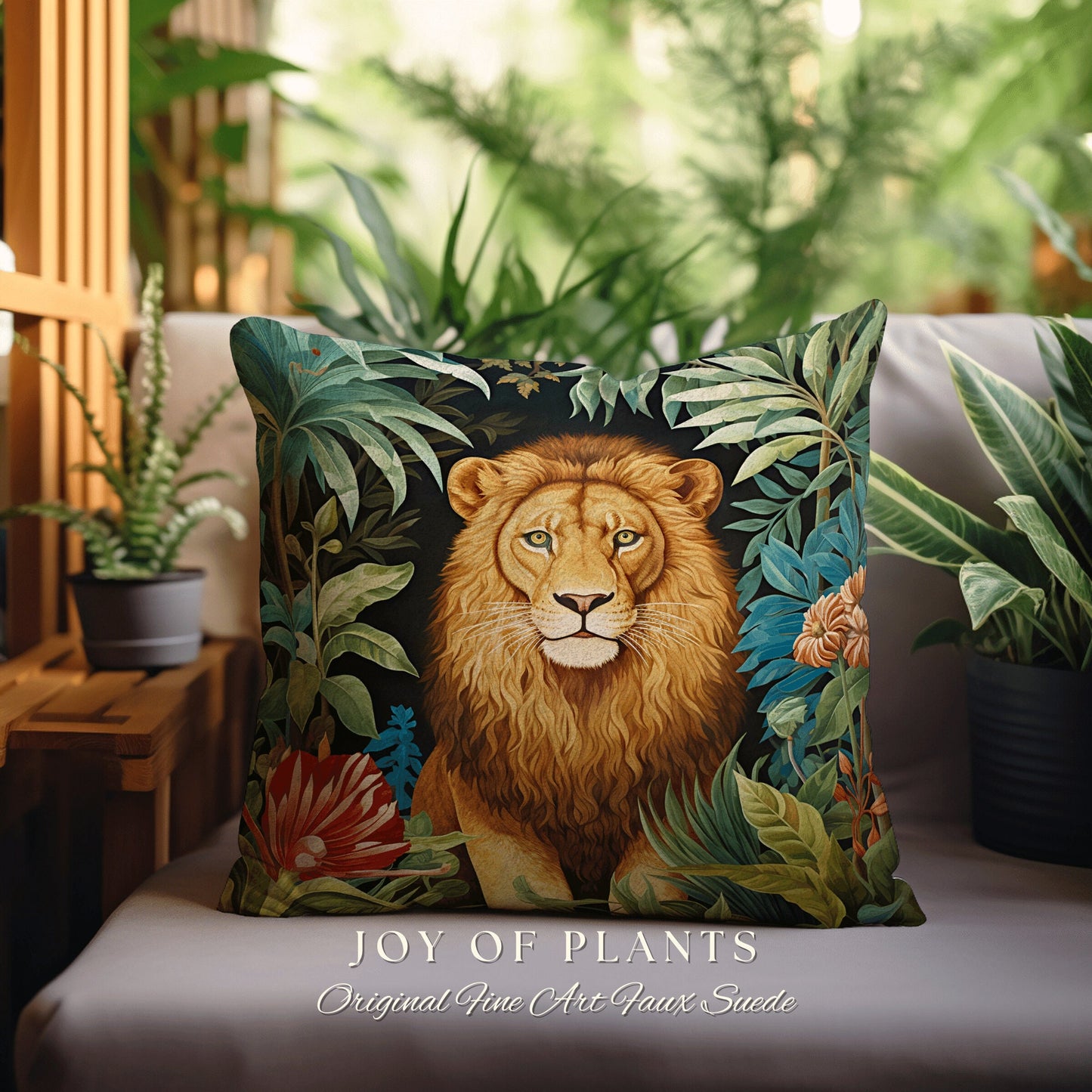 Lion Pillow Woven Jungle Decor | William Morris Inspired Pillow Woodland Decor Pillow Maximalist Decor Throw Pillow Botanical Lion Pillow |