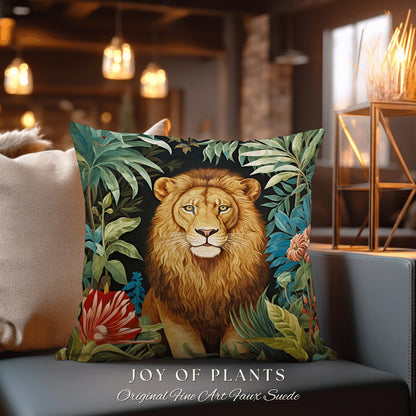 Lion Pillow Woven Jungle Decor | William Morris Inspired Pillow Woodland Decor Pillow Maximalist Decor Throw Pillow Botanical Lion Pillow |