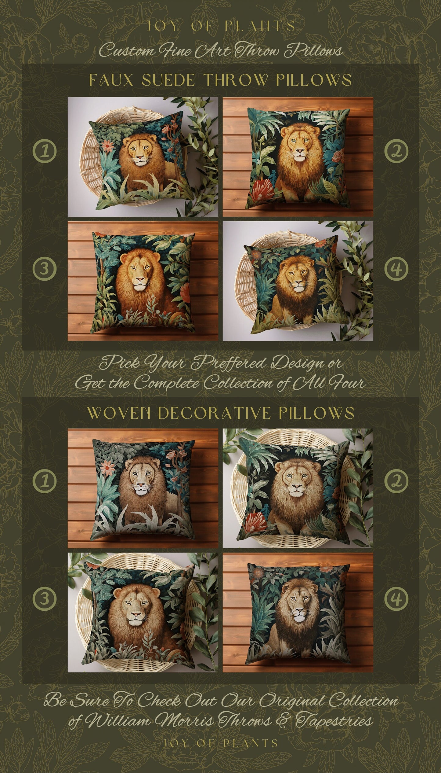 Lion Pillow Woven Jungle Decor | William Morris Inspired Pillow Woodland Decor Pillow Maximalist Decor Throw Pillow Botanical Lion Pillow |