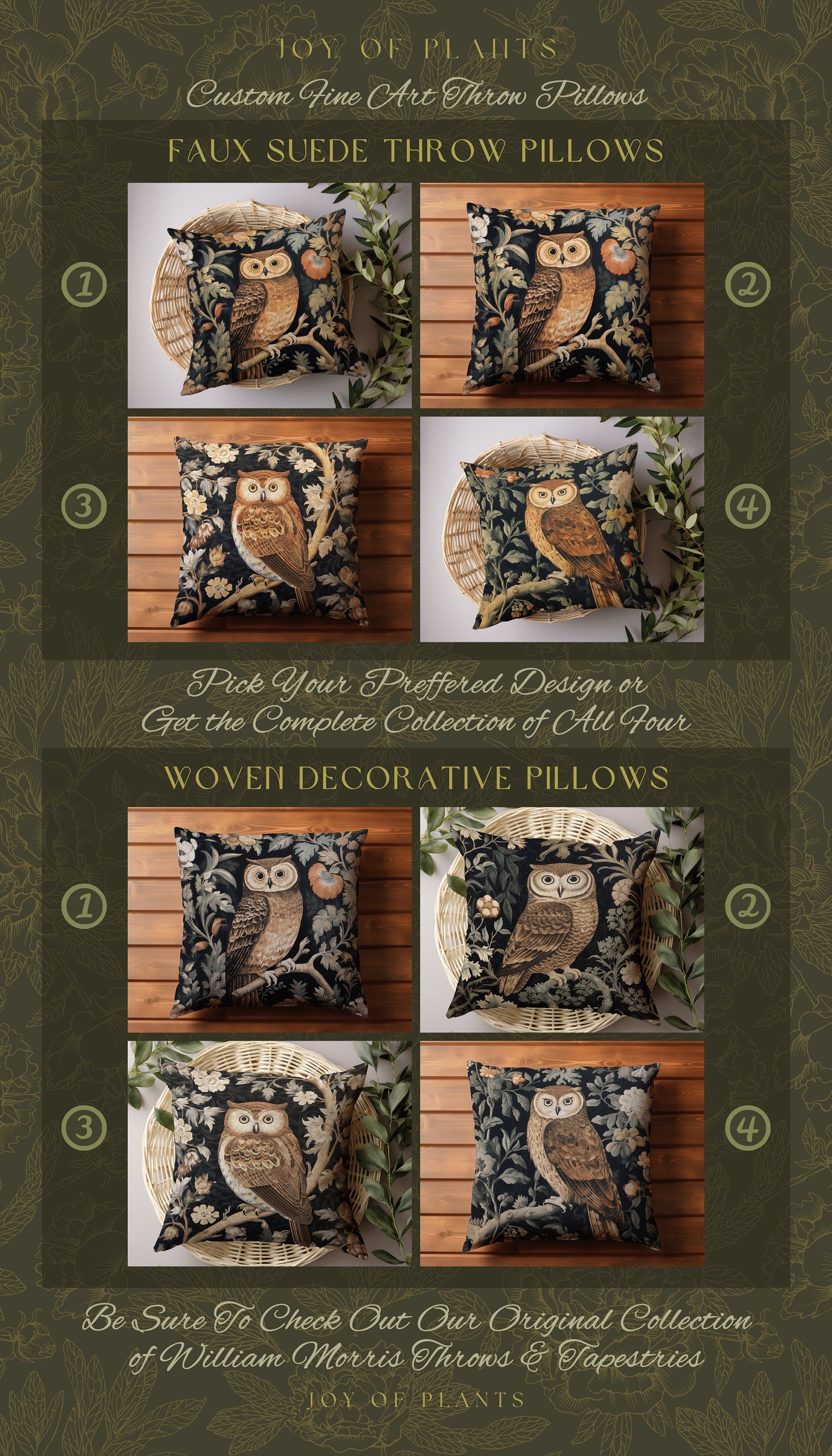 Woodland Owl Throw Pillow | William Morris Inspired Throw Pillow Woodland Forestcore Decor Pillow Maximalist Home Decor Throw Pillow Owl Art