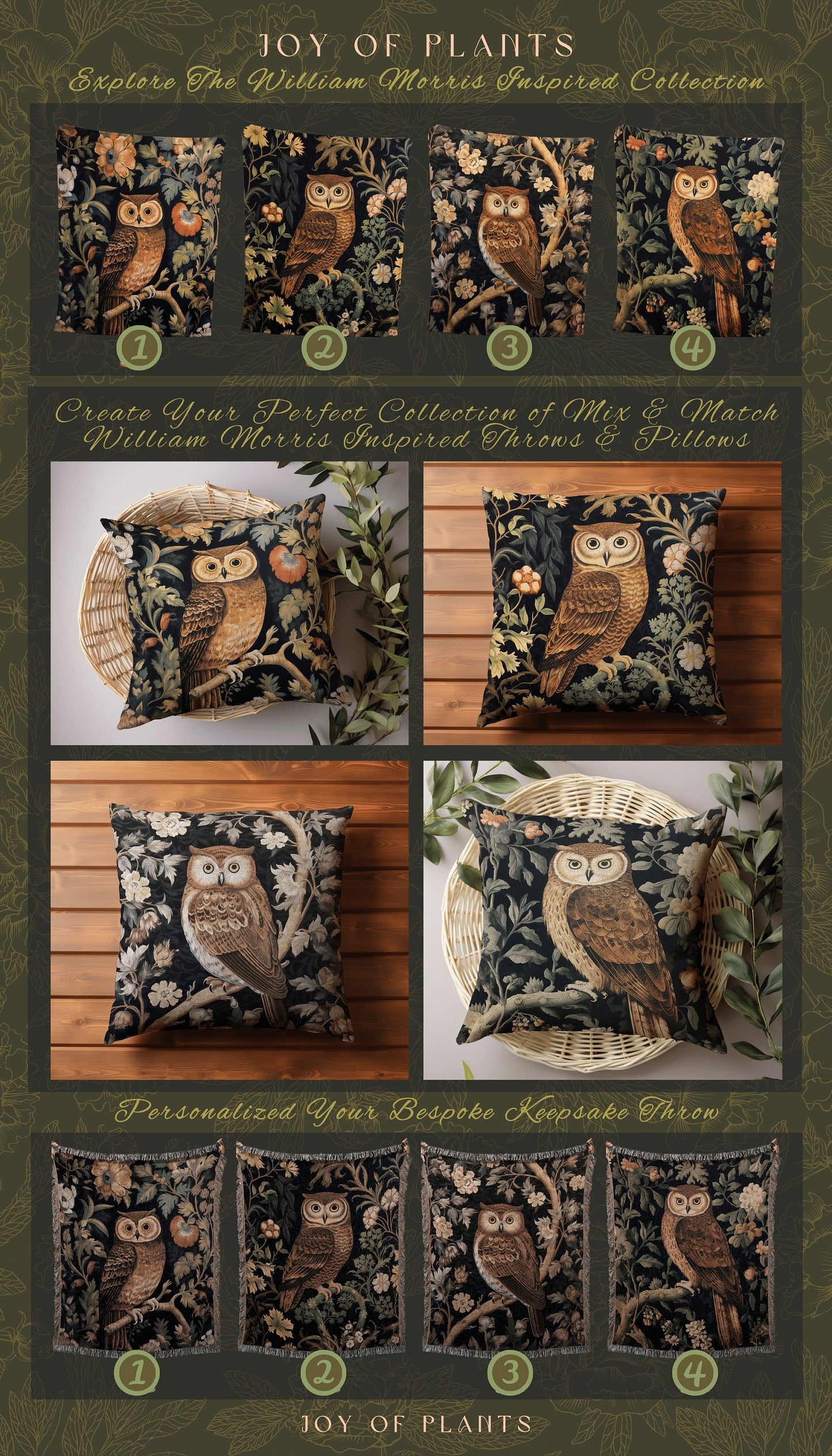 Woodland Owl Throw Pillow | William Morris Inspired Throw Pillow Woodland Forestcore Decor Pillow Maximalist Home Decor Throw Pillow Owl Art