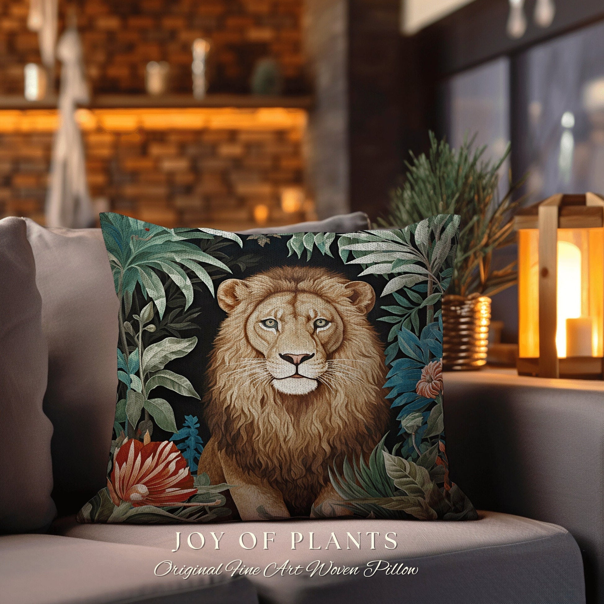 Lion Pillow Woven Jungle Decor | William Morris Inspired Pillow Woodland Decor Pillow Maximalist Decor Throw Pillow Botanical Lion Pillow |