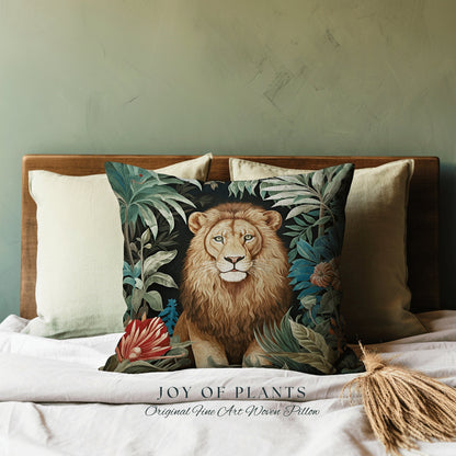 Lion Pillow Woven Jungle Decor | William Morris Inspired Pillow Woodland Decor Pillow Maximalist Decor Throw Pillow Botanical Lion Pillow |