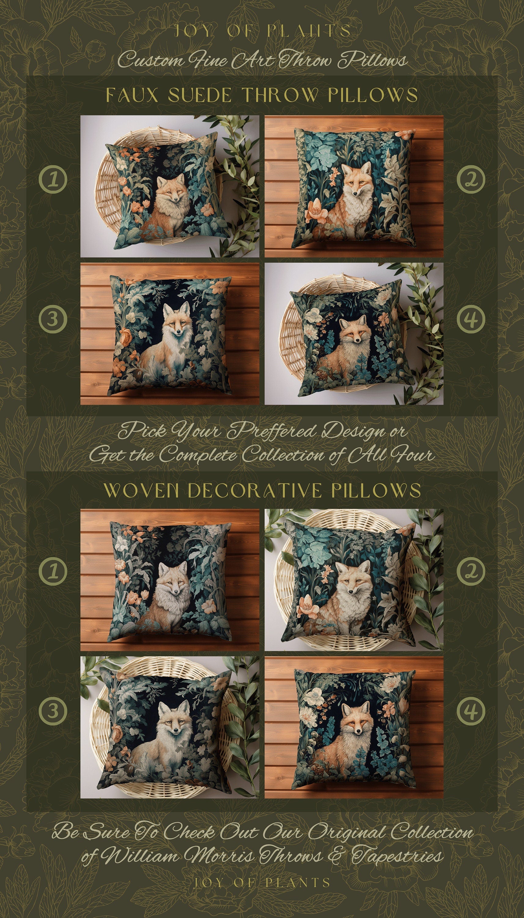 Fox Pillow Woven Decor | William Morris Inspired Fox Pillow Woodland Decor Pillow Maximalist Home Decor Throw Pillow Botanical Fox Pillow |