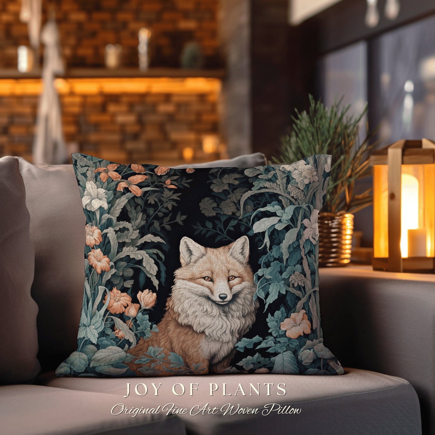 Fox Pillow Woven Decor | William Morris Inspired Fox Pillow Woodland Decor Pillow Maximalist Home Decor Throw Pillow Botanical Fox Pillow |