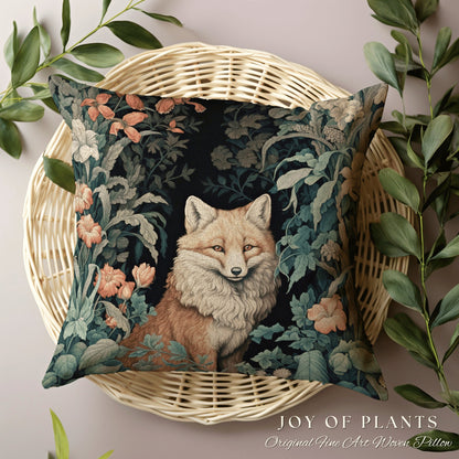 Fox Pillow Woven Decor | William Morris Inspired Fox Pillow Woodland Decor Pillow Maximalist Home Decor Throw Pillow Botanical Fox Pillow |