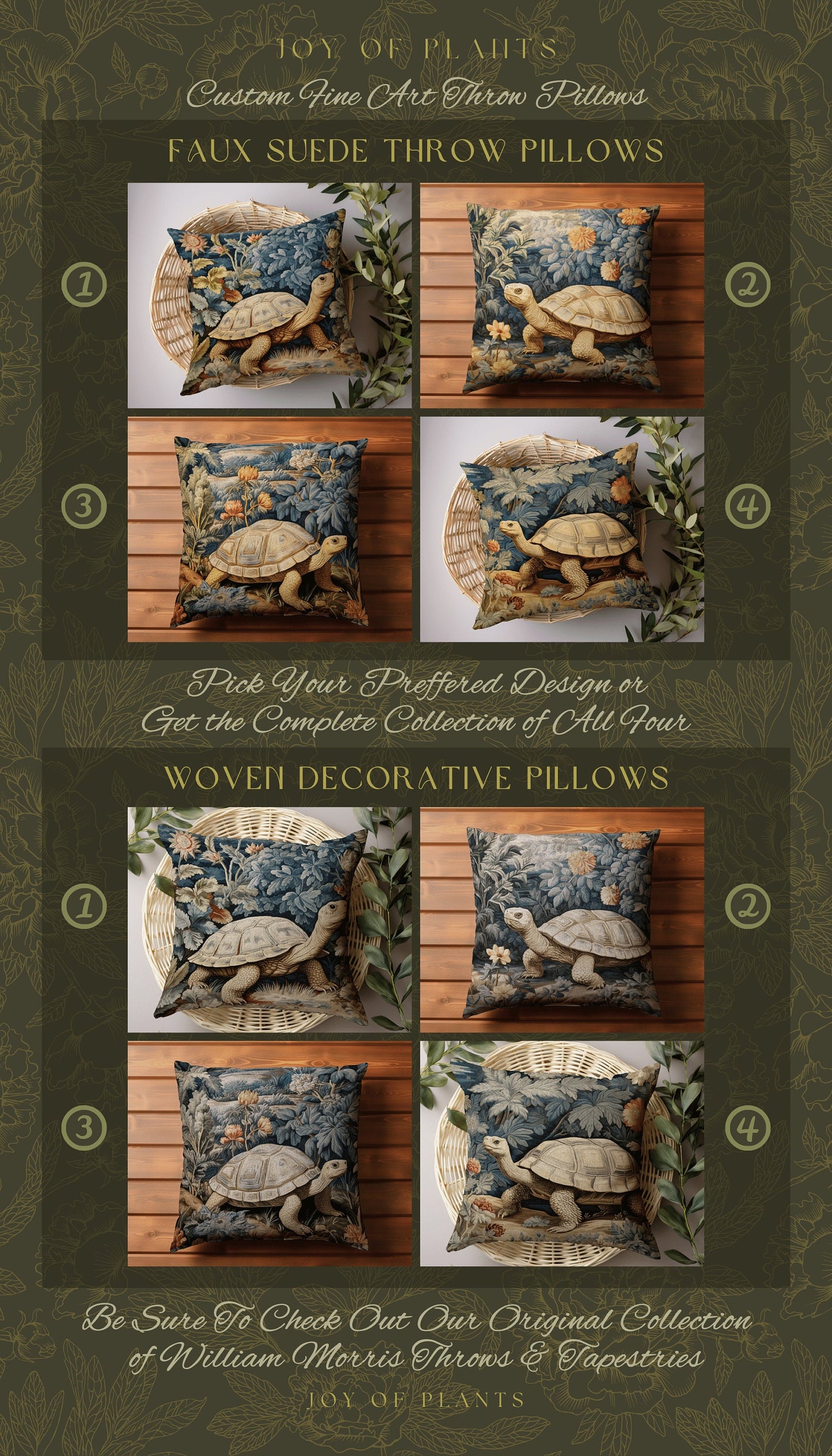 Vintage Tortoise Throw Pillow | William Morris Inspired Pillow Woodland Cottagecore Decor Pillow Maximalist Home Decor Morris Tortoise Decor