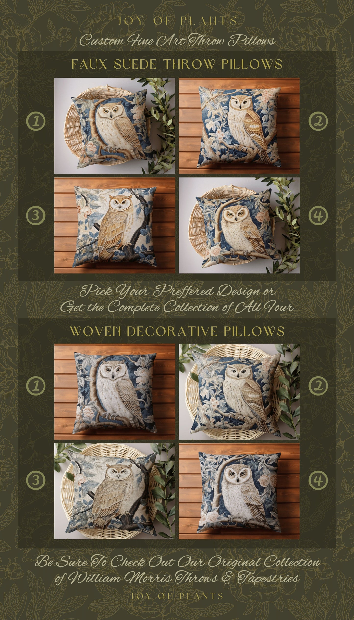 Owl Throw Pillow Woven Pastel | William Morris Inspired Throw Pillow Woodland Forestcore Decor Pillow Maximalist Home Decor Pastel Pillow |