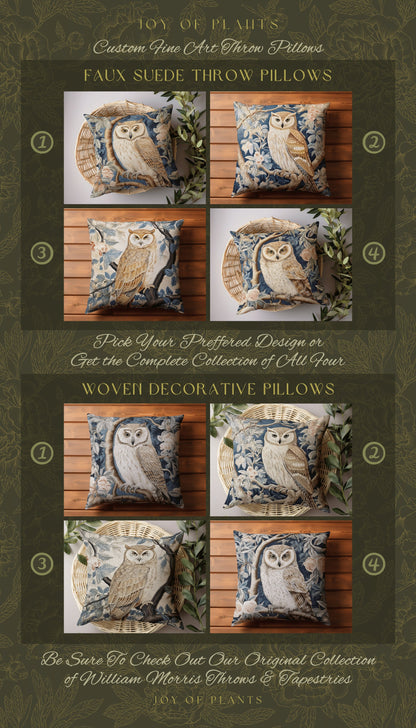 Owl Throw Pillow Woven Pastel | William Morris Inspired Throw Pillow Woodland Forestcore Decor Pillow Maximalist Home Decor Pastel Pillow |