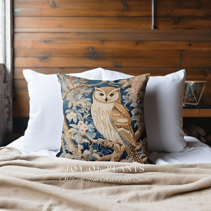 Pastel Owl Throw Pillow | William Morris Inspired Throw Pillow Woodland Forestcore Decor Pillow Maximalist Home Decor Throw Pillow Owl Art |