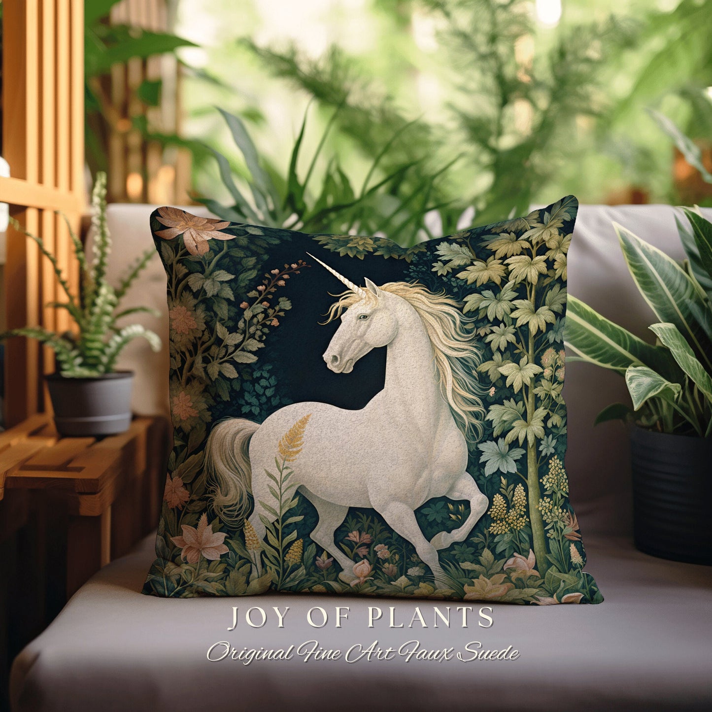 Fairycore Unicorn Pillow Woven | William Morris Inspired Pillow Woodland Decor Pillow Magical Home Decor Throw Pillow Botanical Unicorn Art