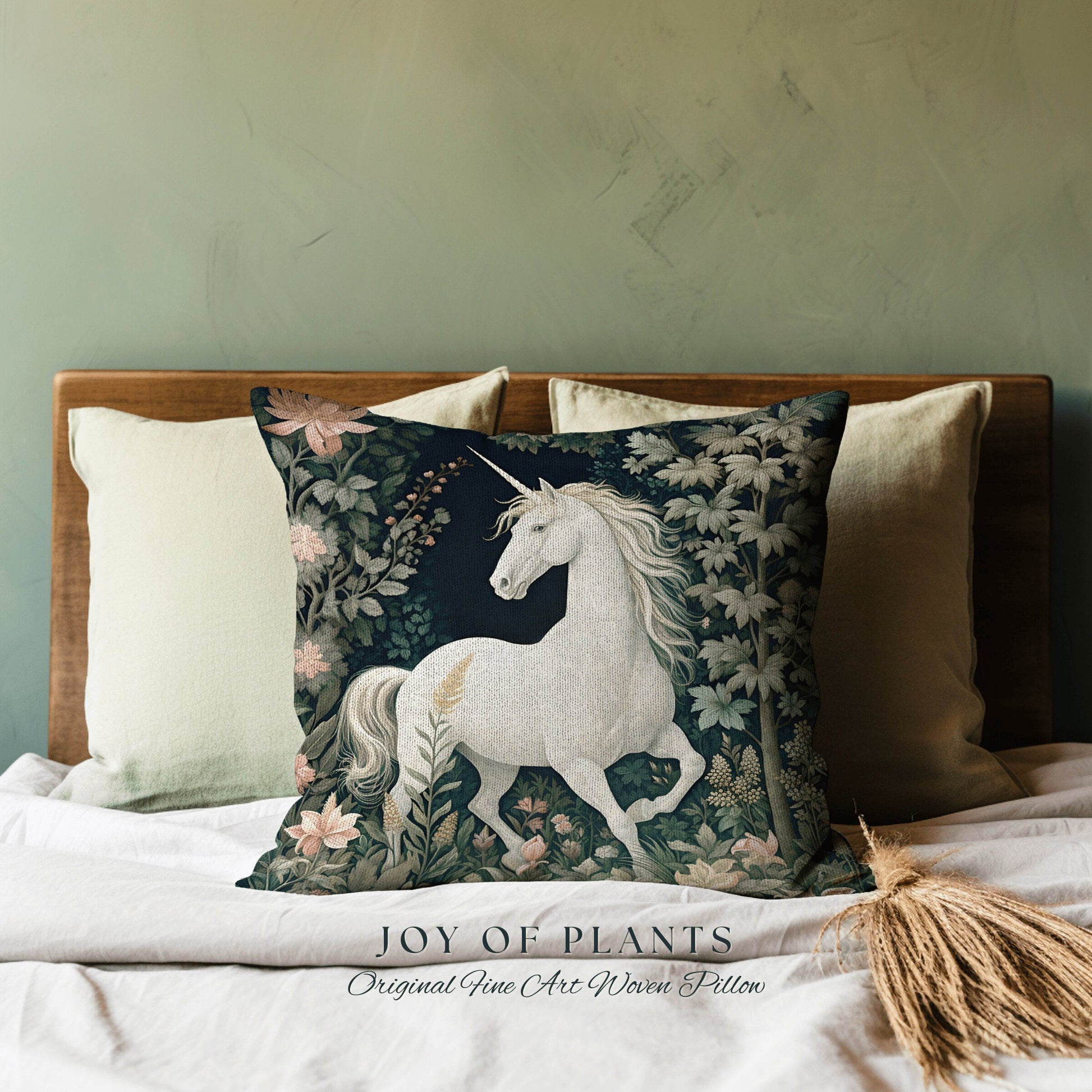 Fairycore Unicorn Pillow Woven | William Morris Inspired Pillow Woodland Decor Pillow Magical Home Decor Throw Pillow Botanical Unicorn Art