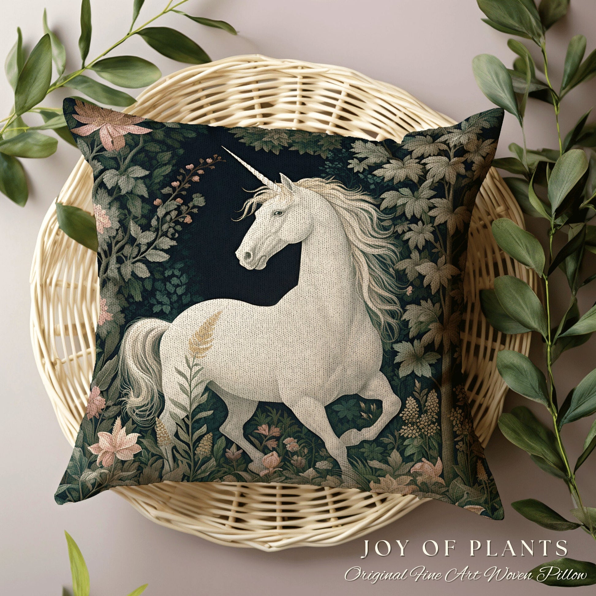 Fairycore Unicorn Pillow Woven | William Morris Inspired Pillow Woodland Decor Pillow Magical Home Decor Throw Pillow Botanical Unicorn Art