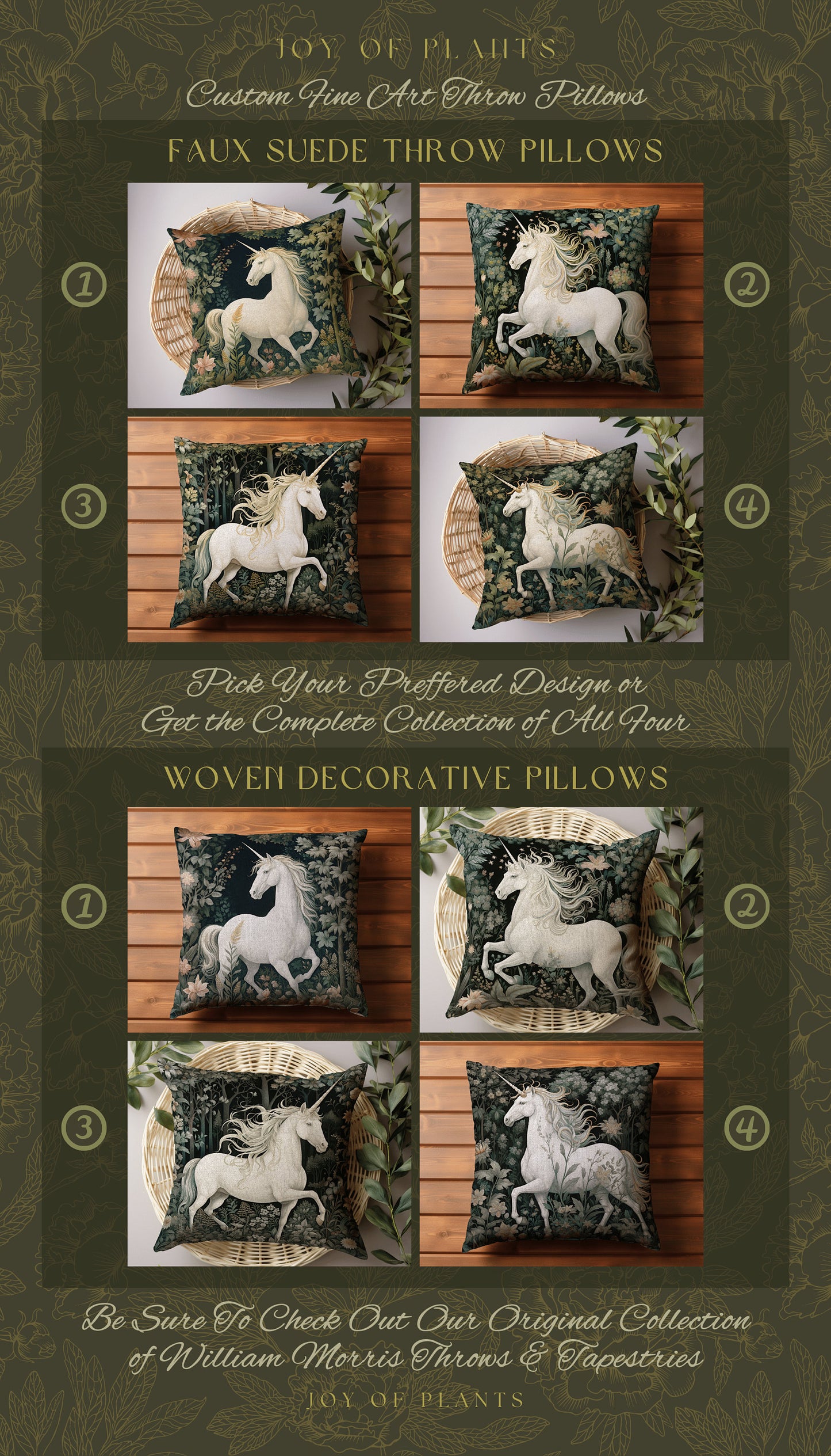 Medieval Unicorn Pillow Woven | William Morris Inspired Pillow Woodland Decor Pillow Magical Home Decor Throw Pillow Victorian Unicorn Art |