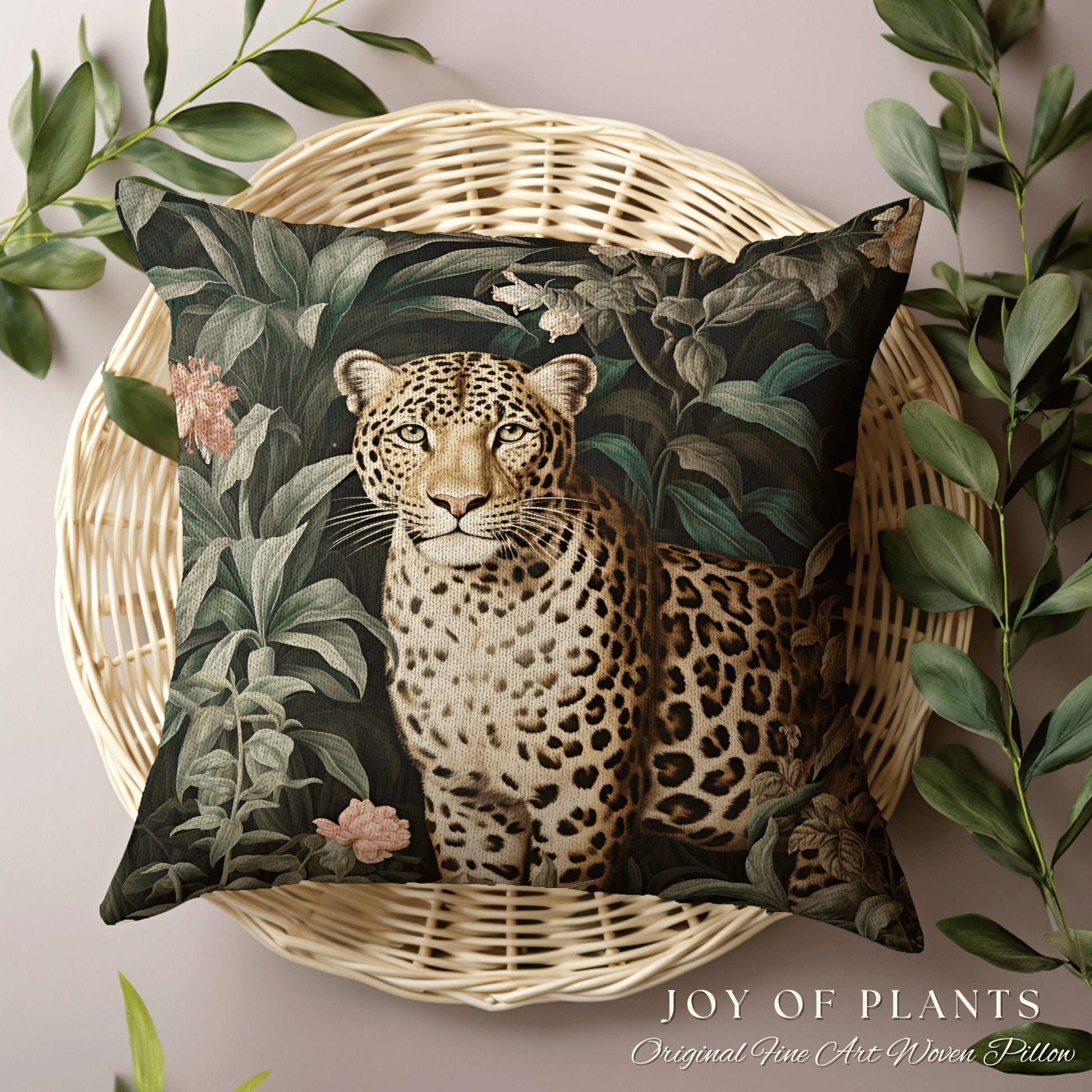 Botanical Jungle Pillow Leopard | William Morris Inspired Pillow Woodland Decor Pillow Maximalist Decor Throw Pillow Botanical Leopard Decor