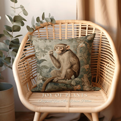 Vintage Jungle Monkey Pillow | William Morris Inspired Vintage Pillow Nature Pillow Pastel Decor Throw Pillow Botanical Monkey Pillow Woven