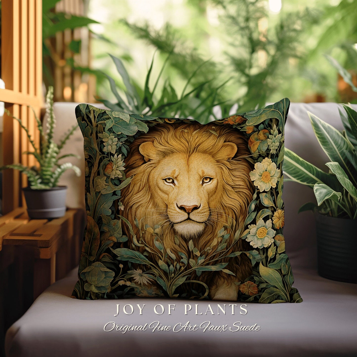 Maximalist Lion Pillow Woven Decor | William Morris Inspired Pillow Woodland Decor Pillow Maximalist Decor Throw Pillow Botanical Lion Decor