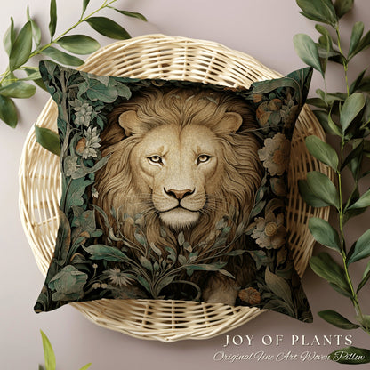 Maximalist Lion Pillow Woven Decor | William Morris Inspired Pillow Woodland Decor Pillow Maximalist Decor Throw Pillow Botanical Lion Decor