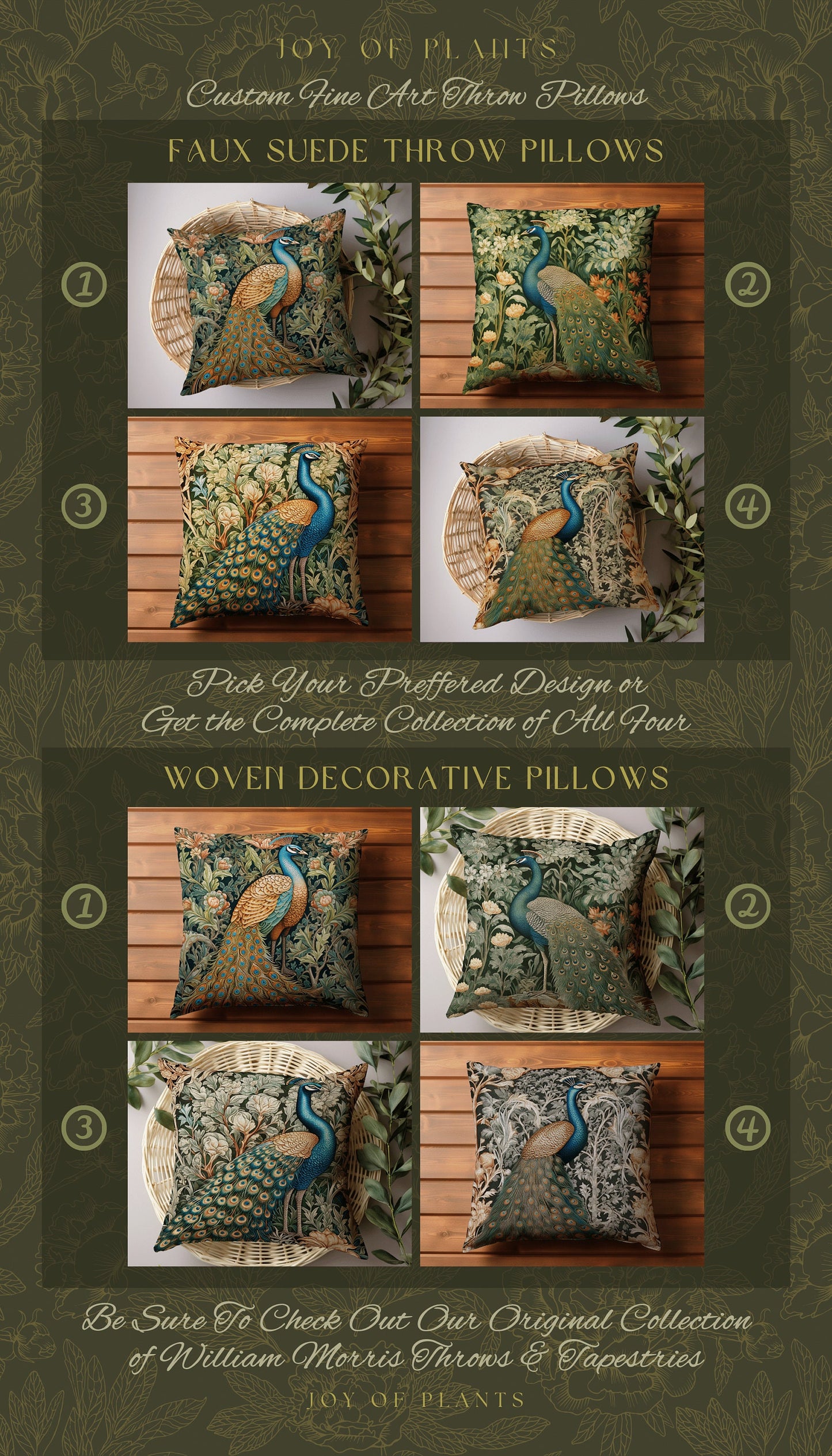 Peacock Throw Pillow Woven | William Morris Inspired Fox Pillow Woodland Decor Pillow Maximalist Home Decor Throw Pillow Botanical Peacock