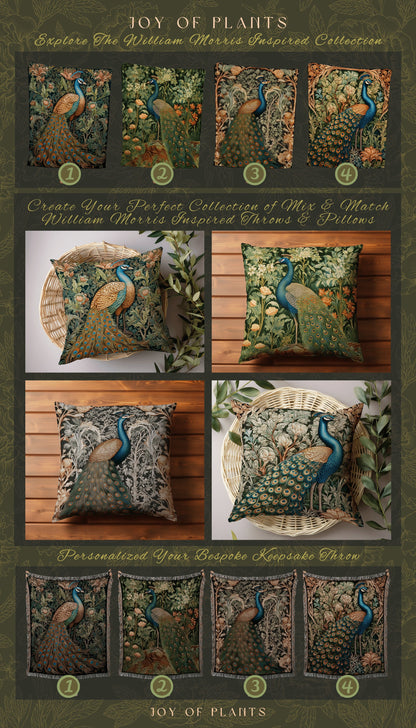 Peacock Throw Pillow Woven | William Morris Inspired Fox Pillow Woodland Decor Pillow Maximalist Home Decor Throw Pillow Botanical Peacock