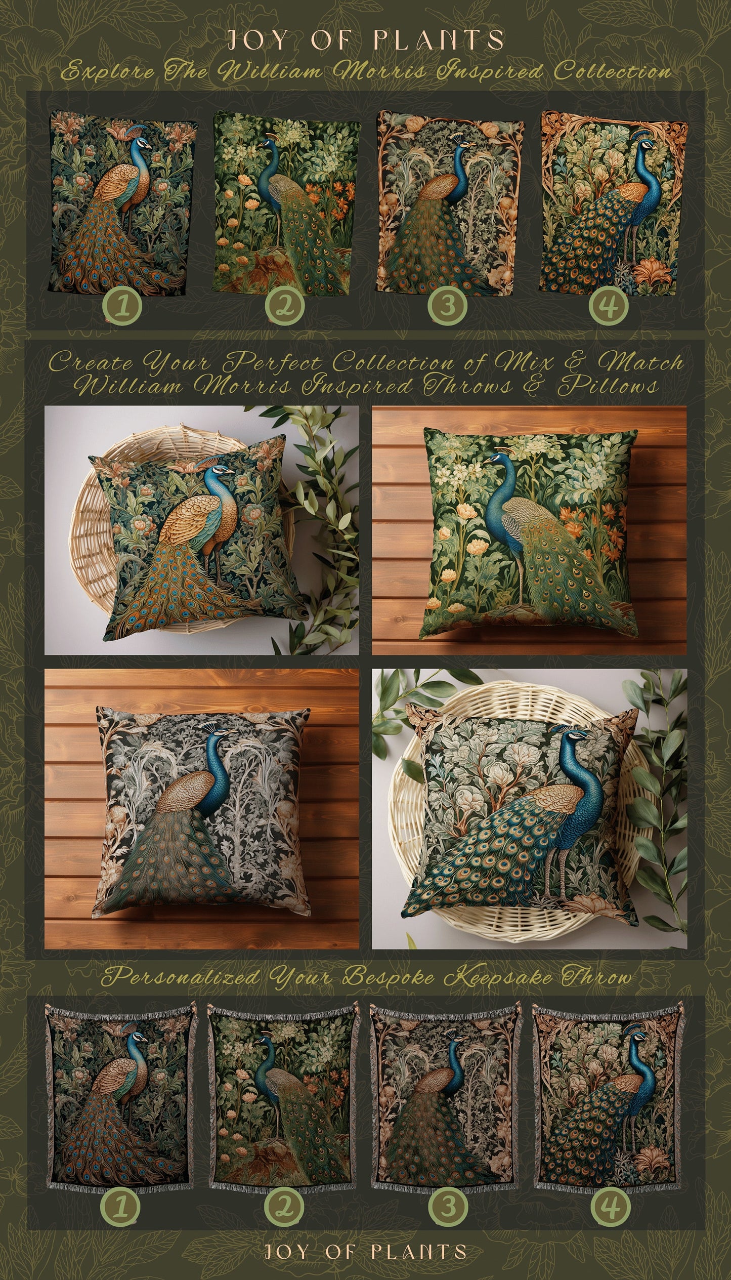 Woven Peacock Throw Pillow | William Morris Inspired Fox Pillow Eccentric Decor Pillow Maximalist Decor Throw Pillow Botanical Peacock Art