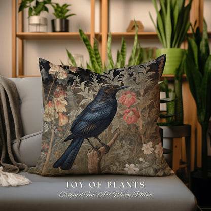 Raven Throw Pillow Floral | Morris Inspired Pillow Pastel Goth Crowcore Decor Pillow Maximalist Home Decor Crow Pillow Dark Botanical Crow |