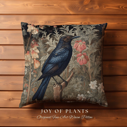 Raven Throw Pillow Floral | Morris Inspired Pillow Pastel Goth Crowcore Decor Pillow Maximalist Home Decor Crow Pillow Dark Botanical Crow |