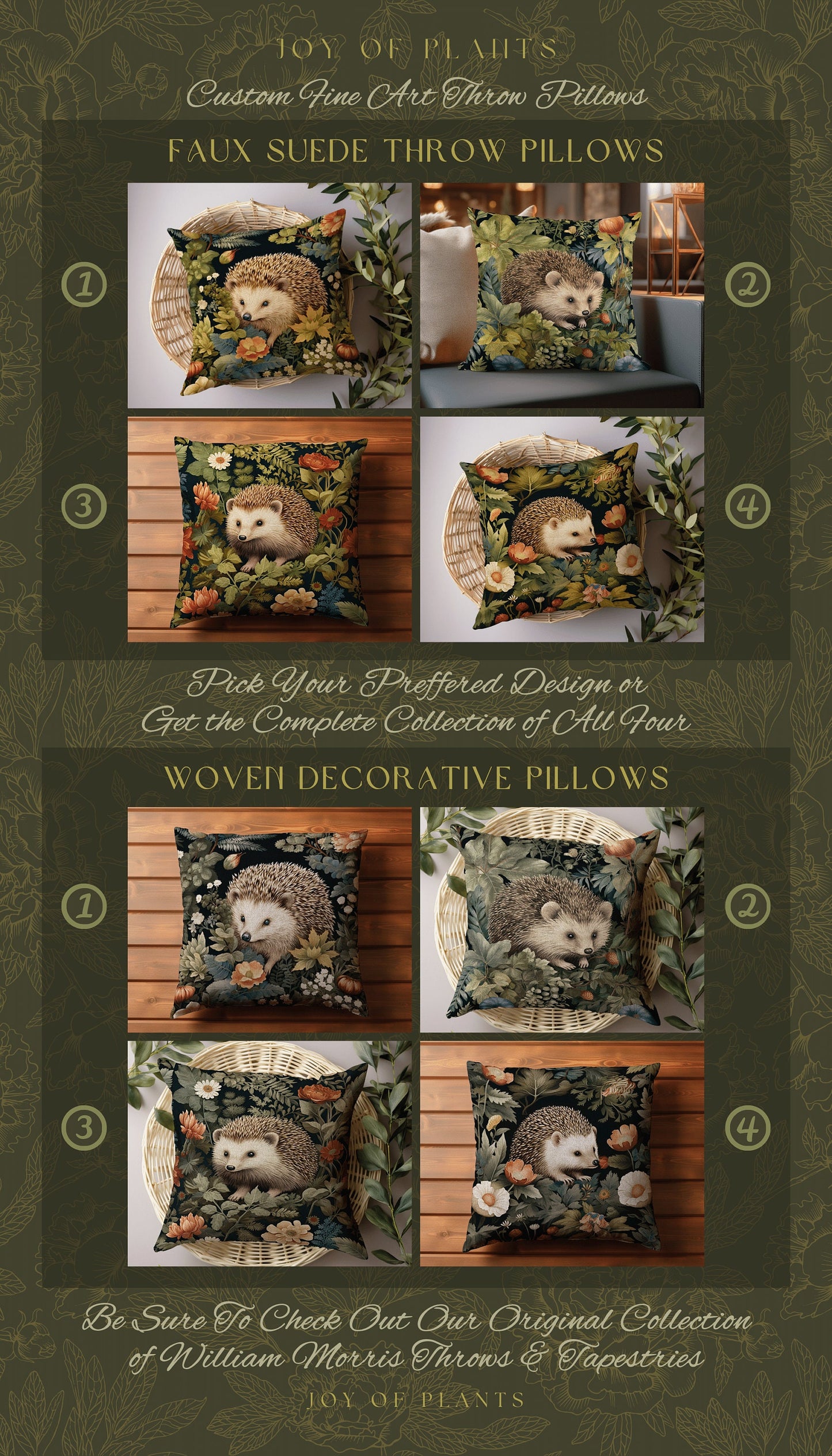 Morris Style Hedgehog Throw Pillow | William Morris Inspired Pillow Vintage Forestcore Throw Pillow Home Decor Custom Morris Style Hedge Hog