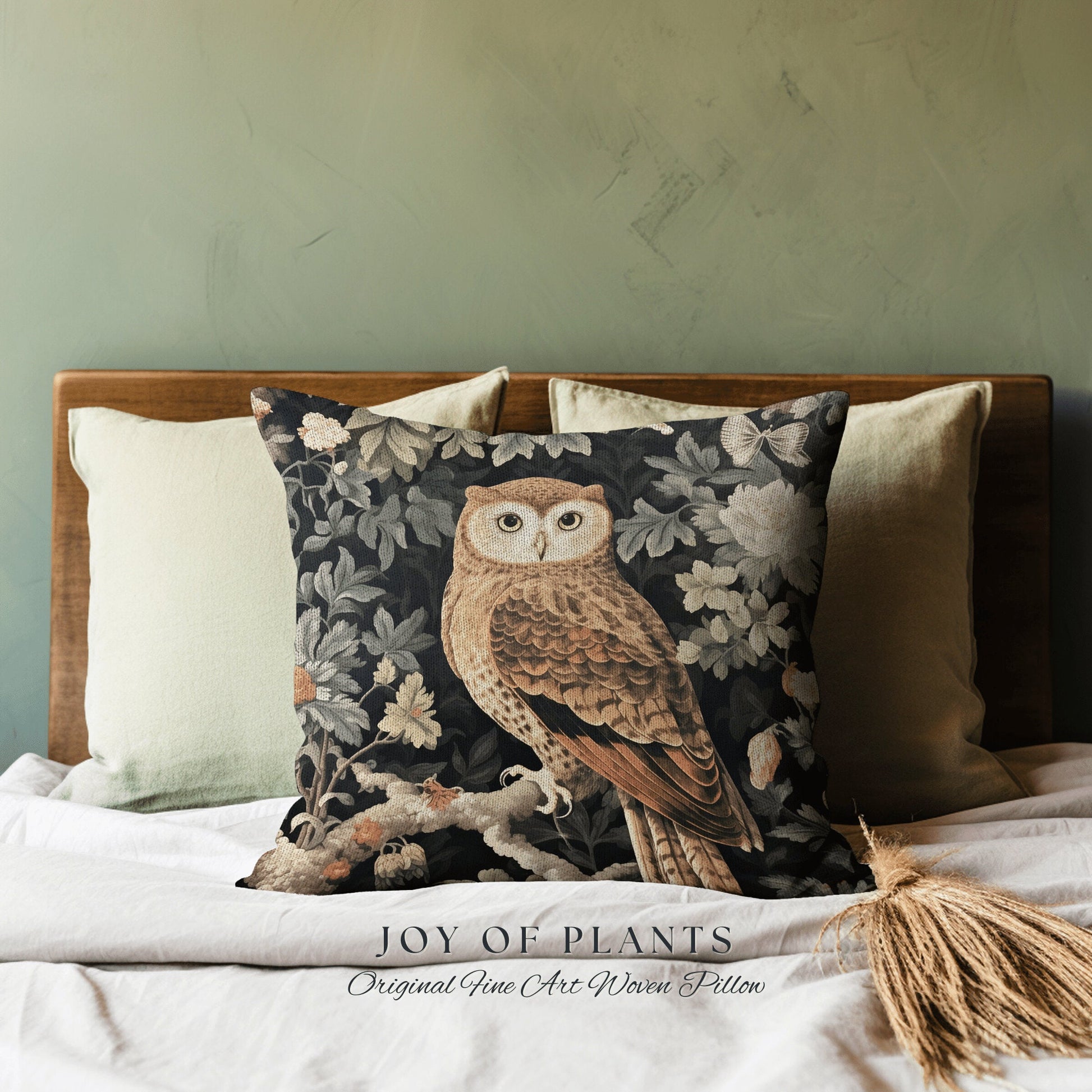 Dark Botanical Owl Throw Pillow | William Morris Throw Pillow Woven Woodland Forestcore Decor Pillow Maximalist Home Decor Throw Pillow Owl