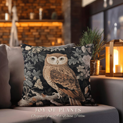 Dark Botanical Owl Throw Pillow | William Morris Throw Pillow Woven Woodland Forestcore Decor Pillow Maximalist Home Decor Throw Pillow Owl